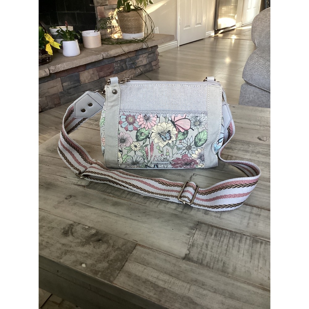 Sakroots Sanibel Crossbody Bag Floral Butterfly Canvas Guitar Strap Grey Pink